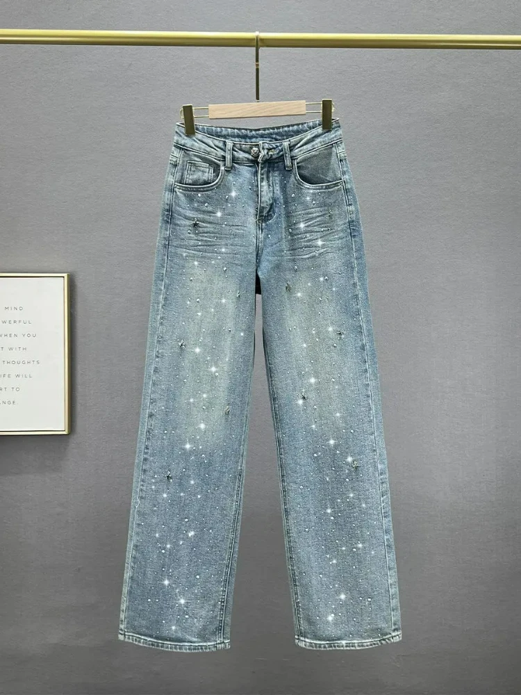 New Rhinestone XINGX Pendant Design High Waist Wash Jeans Women's Summer Loose Slimming and All-Matching Straight-Leg Pants