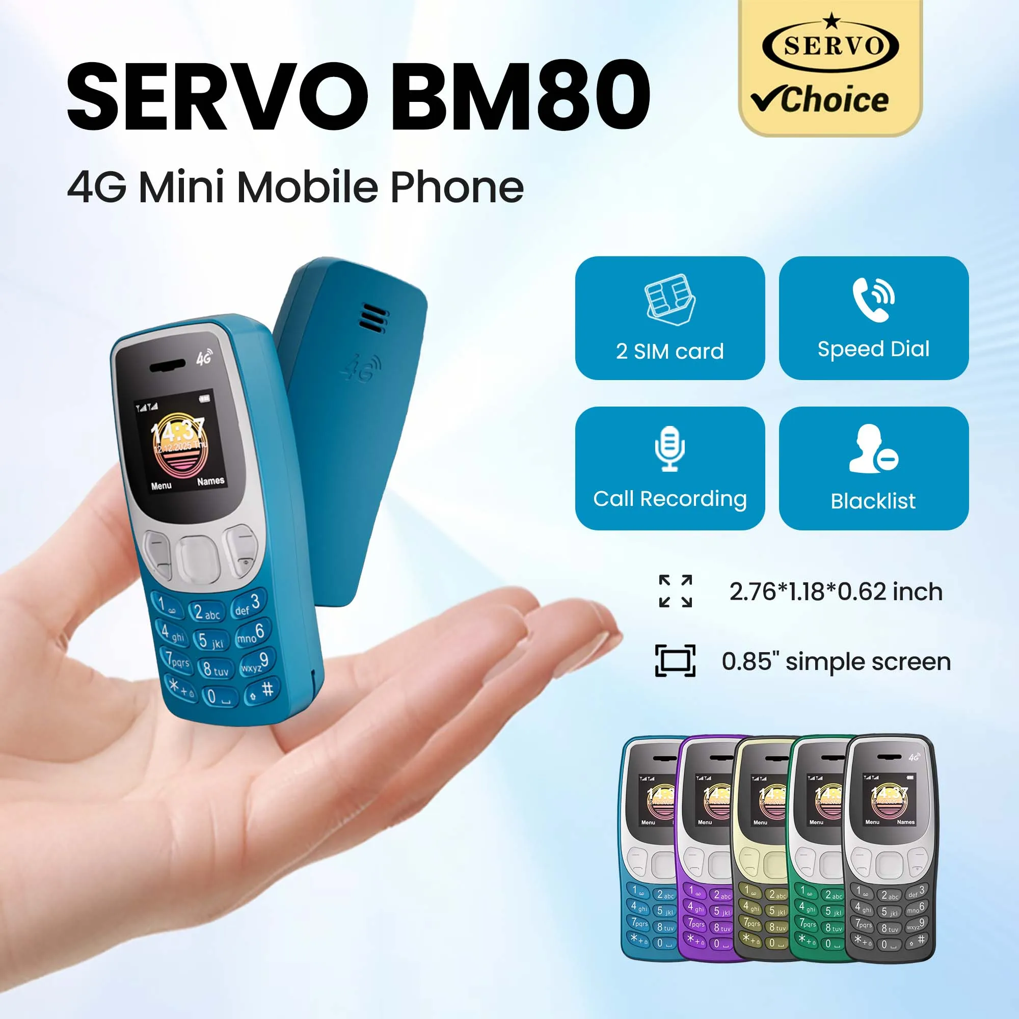 SERVO BM80 4G LTE Super Small Feature Phone Dual SIM Standby Auto Call Recording Speed Dial Blacklist 0.85