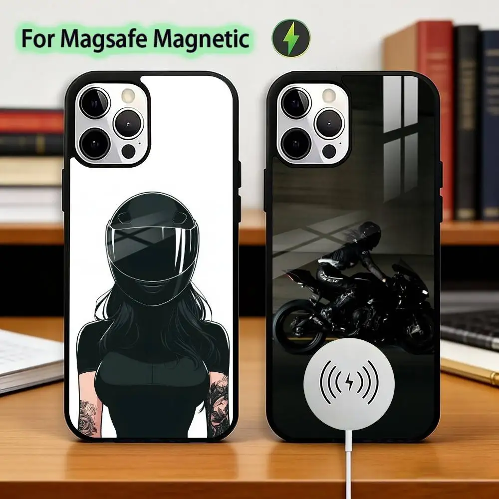 

Female motorcycle R-Rider Phone Case For iPhone17,16,15,14,13,12,11 Plus,Pro Magnetic For Magsafe Wireless Charging