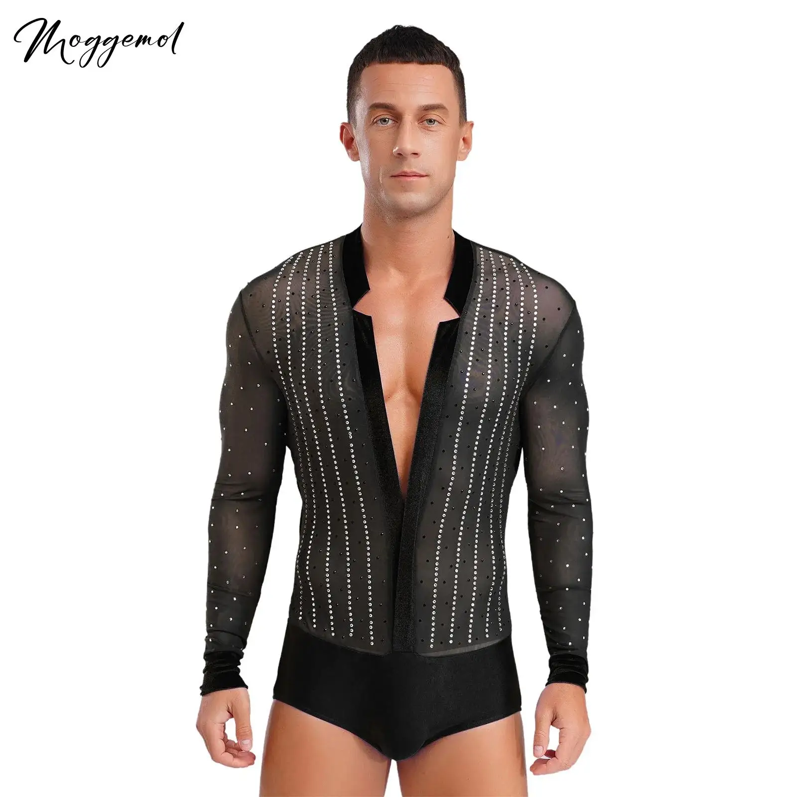 男性ラテンタンゴバレエダンスレオタードメッシュ長袖-v-ネックベルベットパッチワーク光沢のあるラインストーンボディスーツパフォーマンス衣装