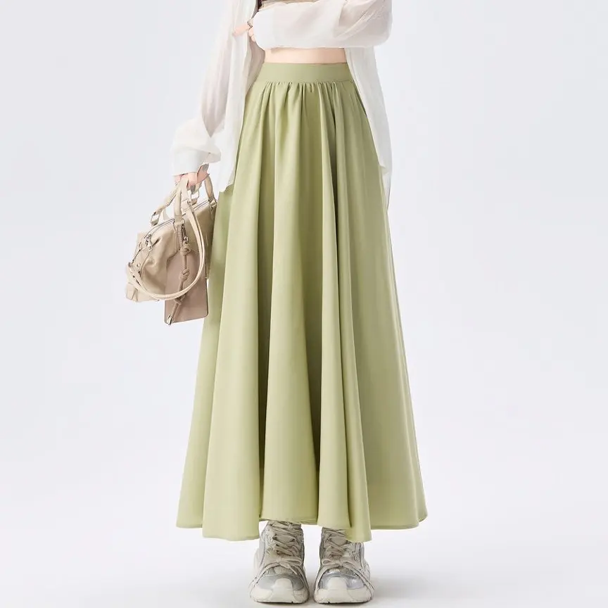 

Qiukichonson Mid Long Skirts Womens Maxi Skirt 2026 Korean Casual Summer High Waisted A-Line Ruffle Pleated Skirts rok