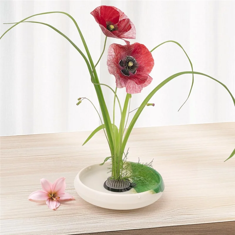 

ABMS-Flower Frog Kit Floral Art 5.35Inch White Bowl Pot With 1.57Inch Kenzan For Flower Arrangement