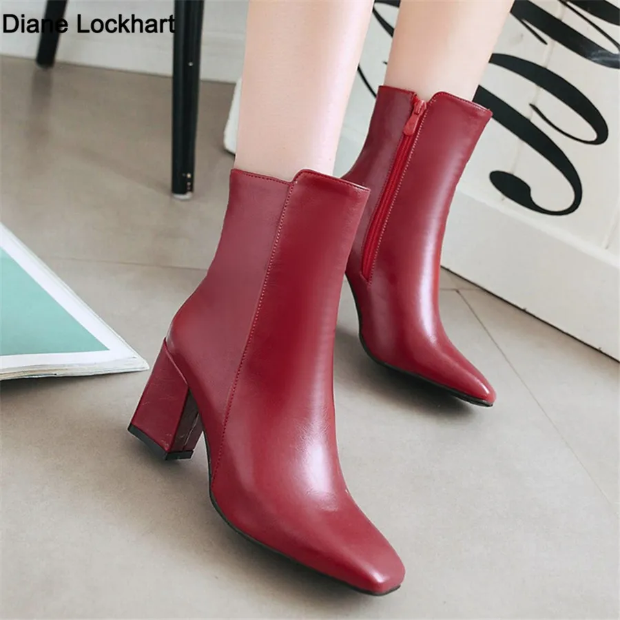 

Fashion Women Ankle Boots Chelsea Boats Autumn Winter Ladies Shoes Square Toe Side Zipper Sexy Chunky High Heels Booties Mujer