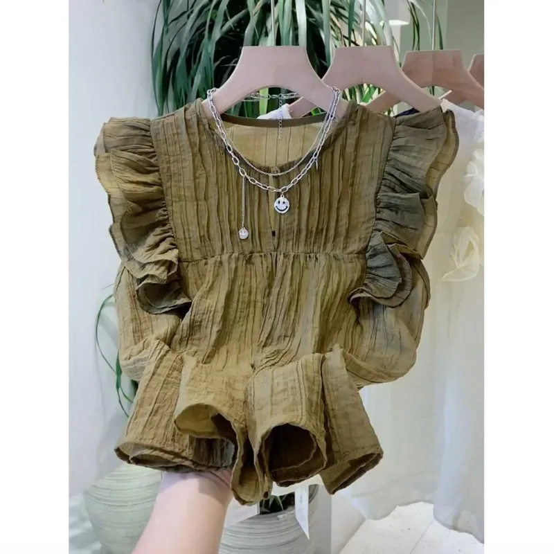 Blusa de manga voladora para mujer, blusa de cuello redondo con volantes de retazos, fruncida, Color sólido, camisas rectas sin mangas, moda dulce de verano