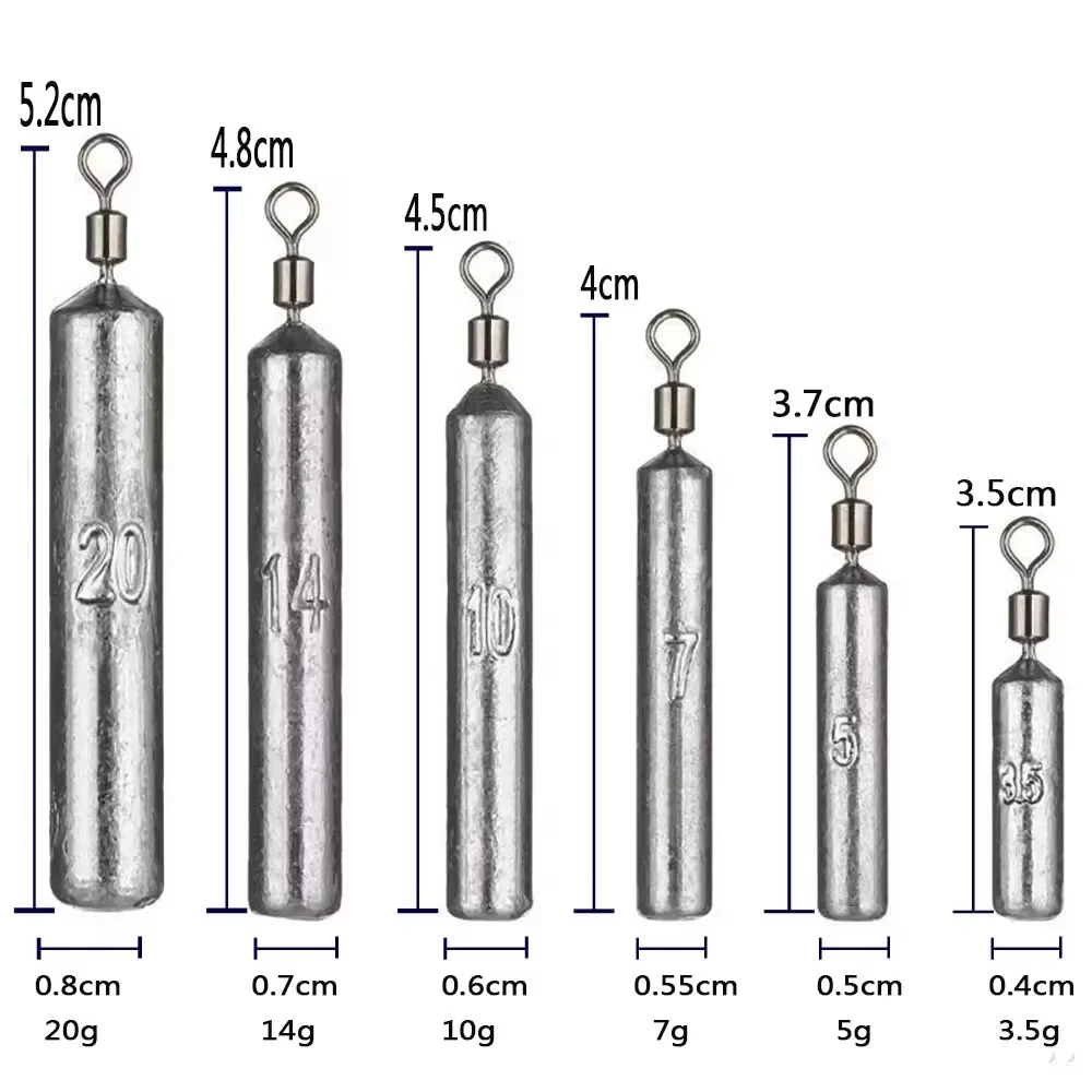 

Fishing Weight 15PCS/Lot Sinker Mold 3.5g 5g 7g 10g 14g 20g Tube Bullet Plumb Pendant Metal Jig Sast Sea Tackle Kit Pesca Tool