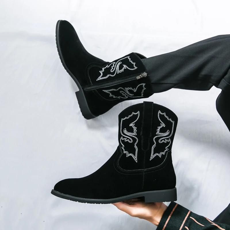 

Men High Top Boots Faux Suede Embroidery Western Style Boots Sizes 38-46