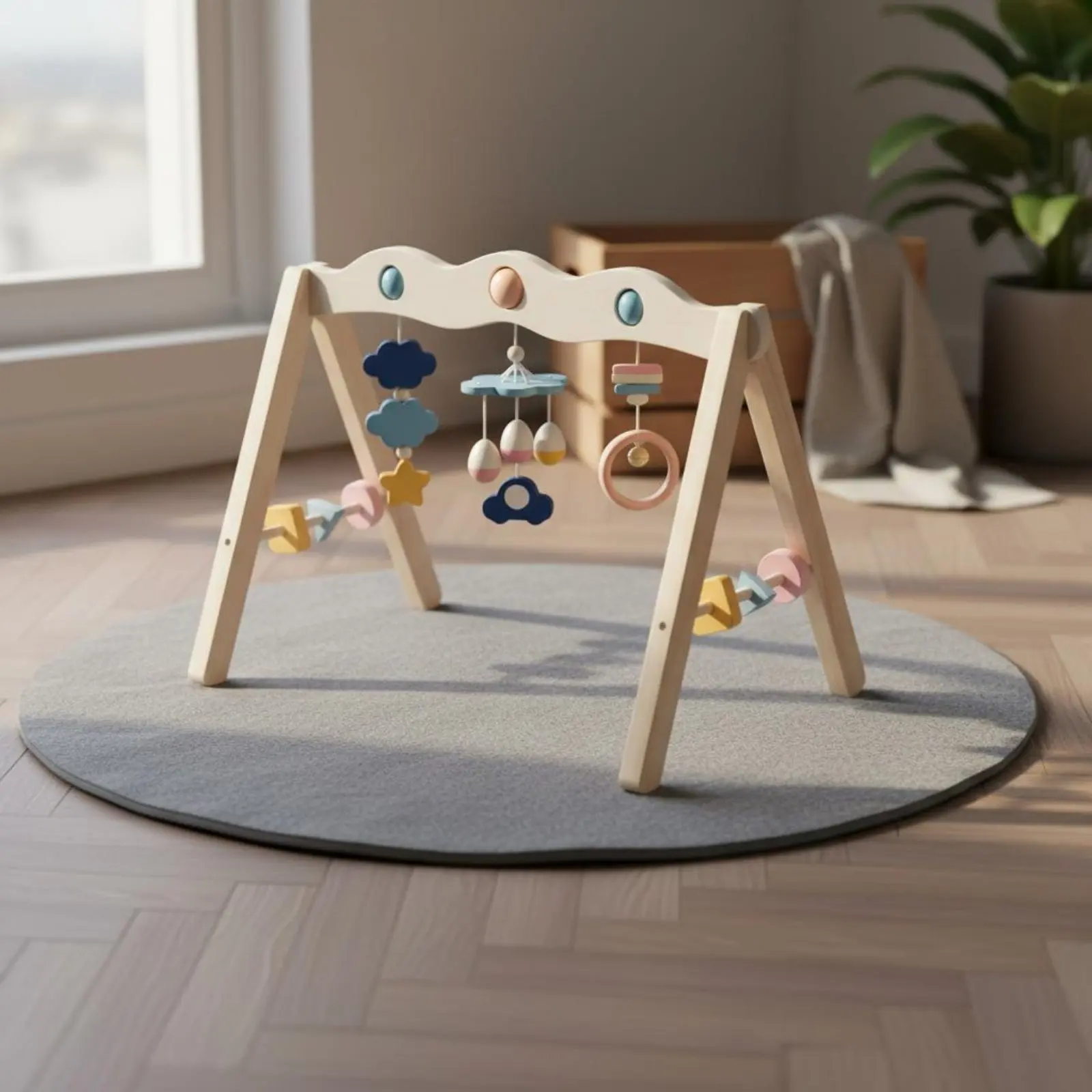 Wooden Baby Gym Nordic Design Wooden Infant Play Gym Hanging Toy Stand Tummy Time Hand-Eye Coordination for Infants view 5