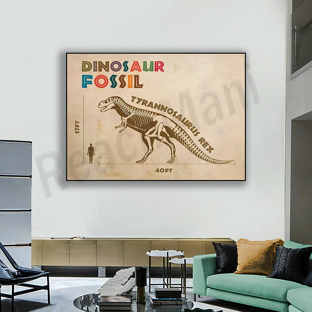 Dinosaur fossils, tyrannosaurus rex, dinosaurs and humans decorative poster canvas wall art print