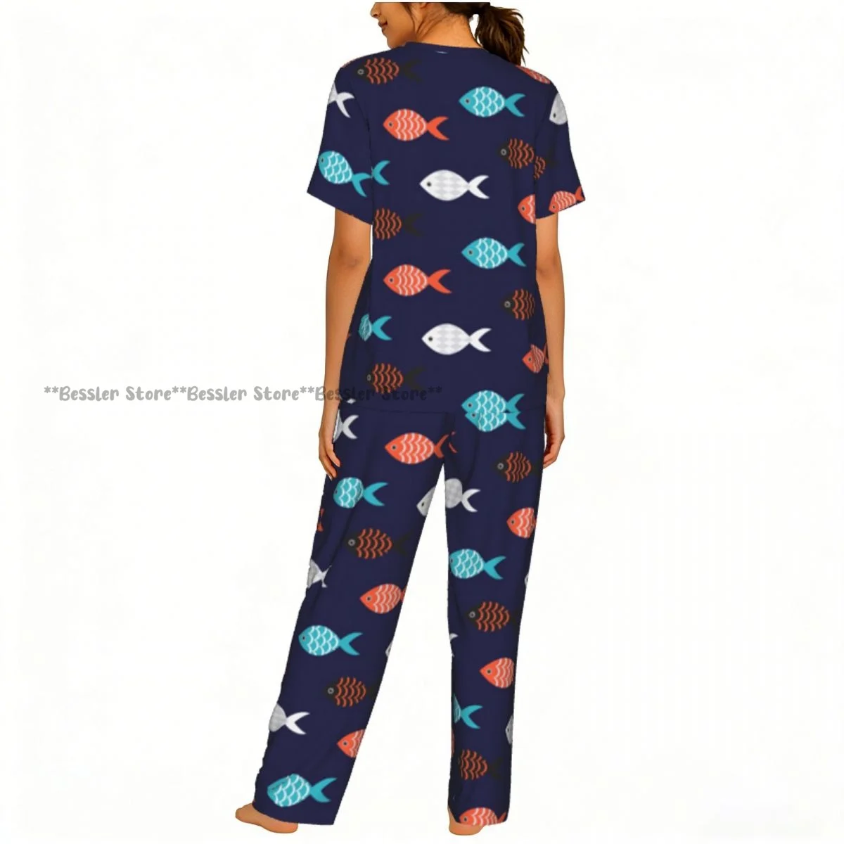 Women's Colorful Fish Pattern short sleeve trousers casual pajamas set view 4