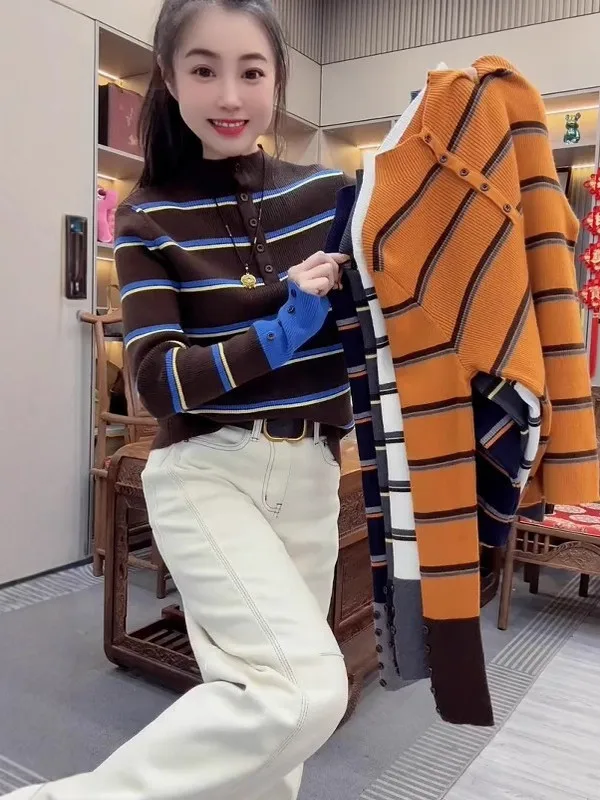 2025 New Women's Knitted Sweater Sleeve Cuff Long Sleeve Half High Collar Base Layer Top Trendy Striped Color Block Knitwear