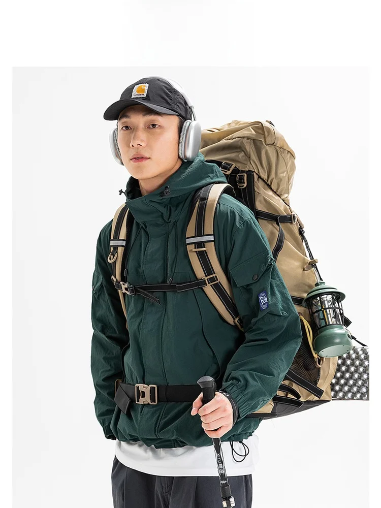 Wassup Blueo للرجال تي شيرت مقاوم للرياح ومقاوم للماء Jaet ملابس خارجية لربيع الخريف فضفاضة تناسب البوليستر والنايلون