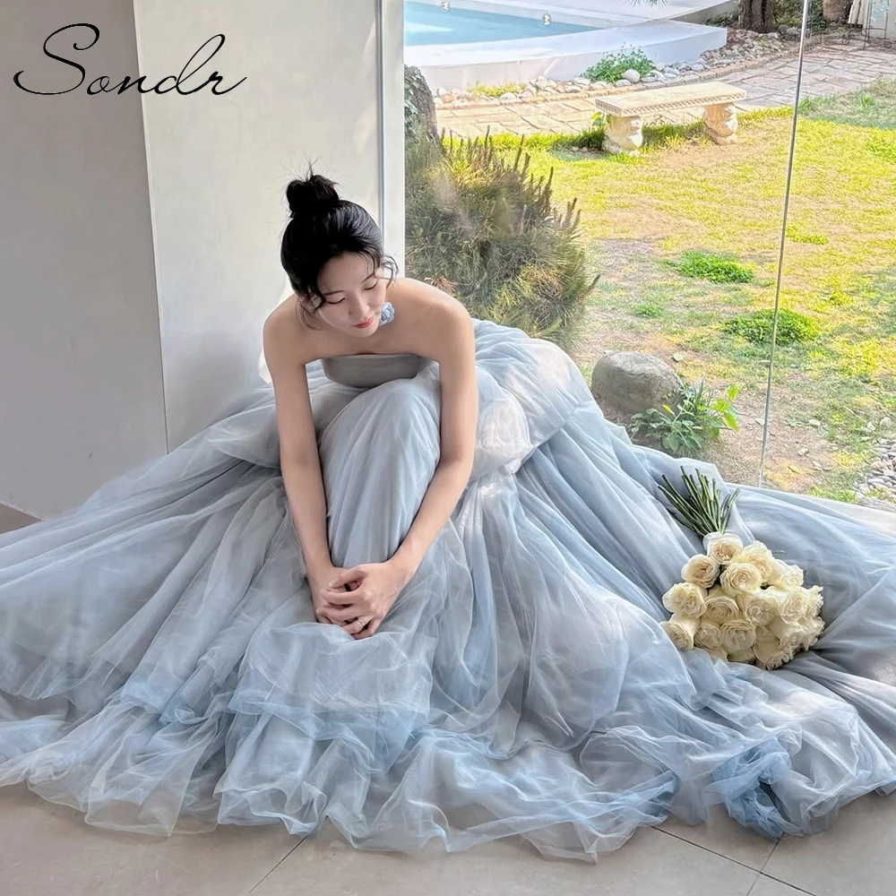 Sondr Fairy Blue Brautkleider Koreanische A-Linie Flauschiges Brautkleid Korsett Empfangskleider Hochzeit Snap Kleider Partykleid