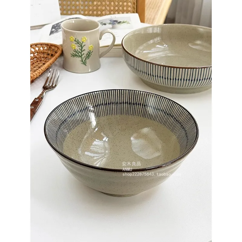 

Japanese Simple Retro Vertical Pattern Underglaze Color Ceramic Tableware Noodles in Soup Rice Bowls Dishes