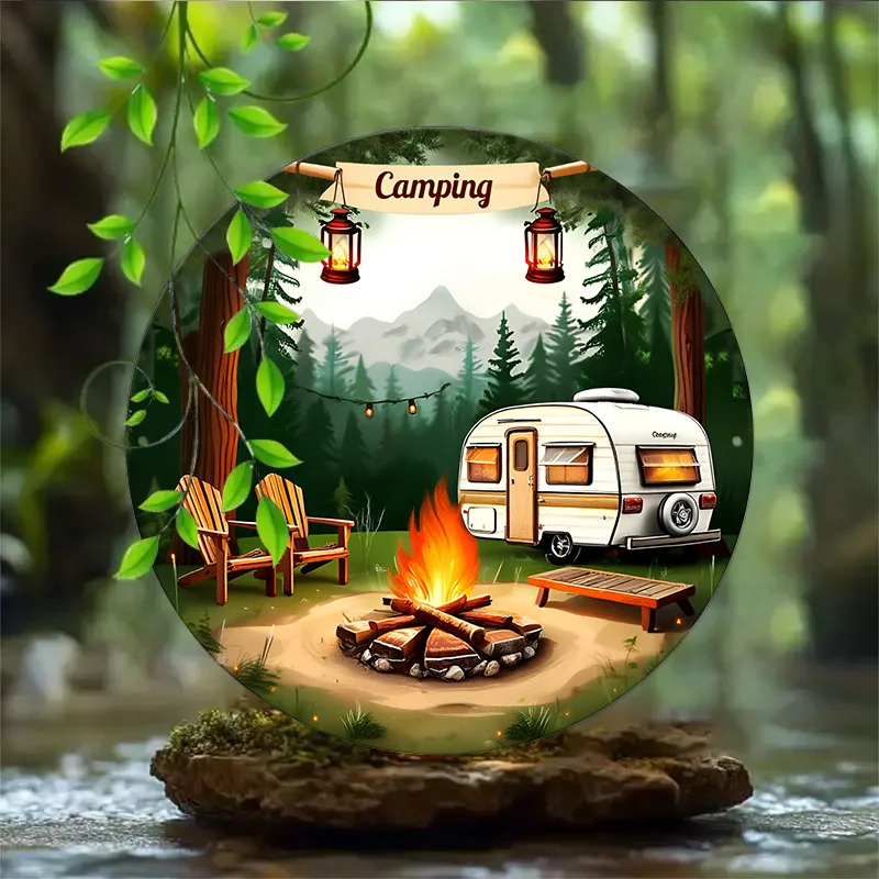 Vintage Camping Scene Aluminum Wall Sign - 8x8 Inch Round Outdoor Decor with Camper, Campfire & Lanterns - Perfect for Home, Gar