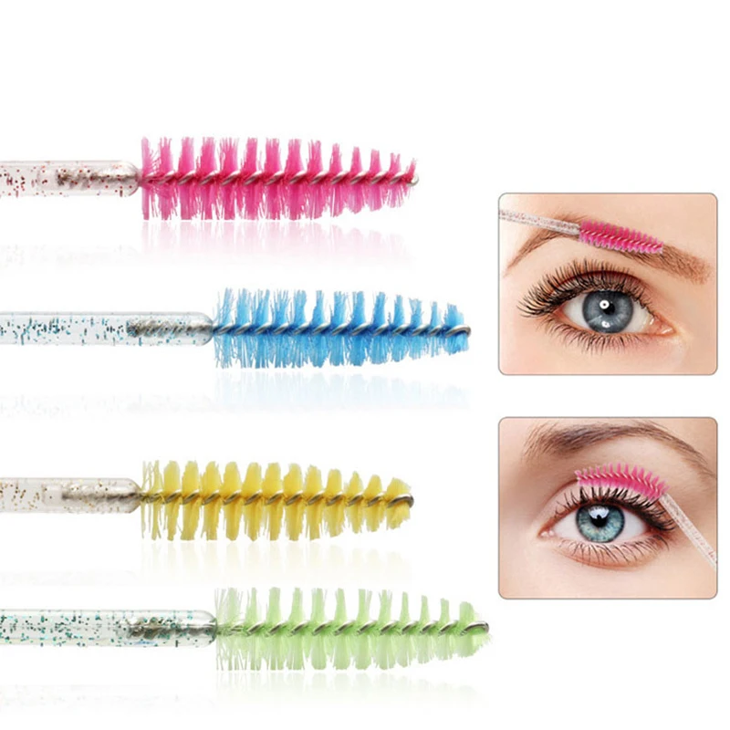 50pcs/pack Disposable Bendable Head Nylon Eyelash Brushes Crystal Handle Eyebrow Brush Applicator Makeup Tool Accessories