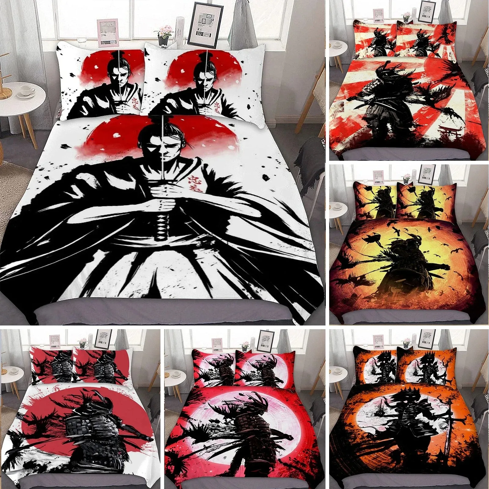 Tokyo Samurai King Queen Duvet Cover Japanese Style Bedding Set Asian Japanese Bushido Culture 3D Polyester Quilt Cover