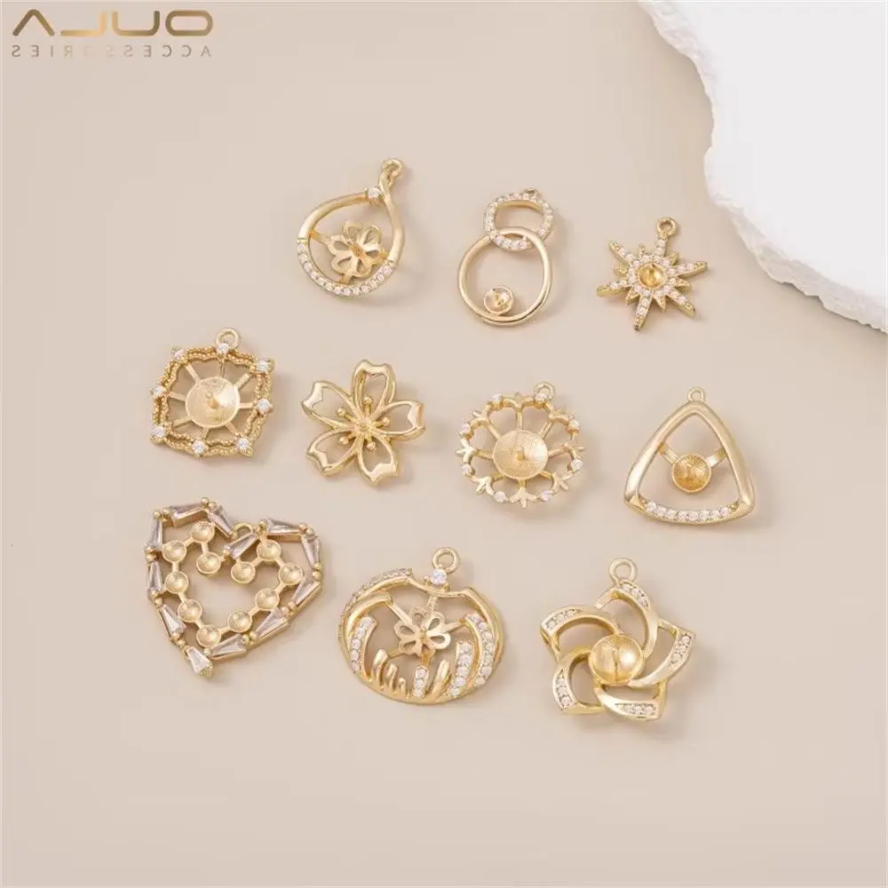 

14K Gold-plated Slightly Zircon Half-hole Pearl Holder Necklace Pendant Hand-bonded Pearl Jewelry Hanging Piece Empty Holder