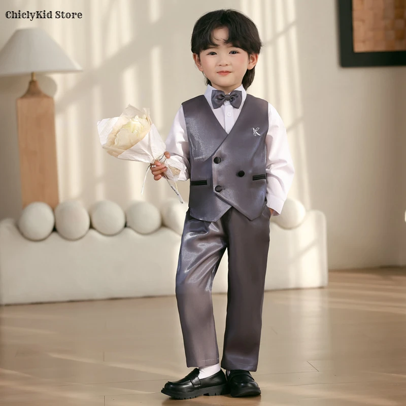Boys Double Breasted Smooth Vest Pants Children Striped Waistcoat Wedding Clothes Sets Formal Dress Kids Tuxedos School Uniforms