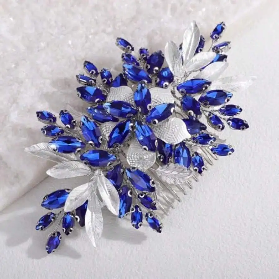 Blue Crystal Flower Hair Comb For Women Wedding Bridal Party Headpiece