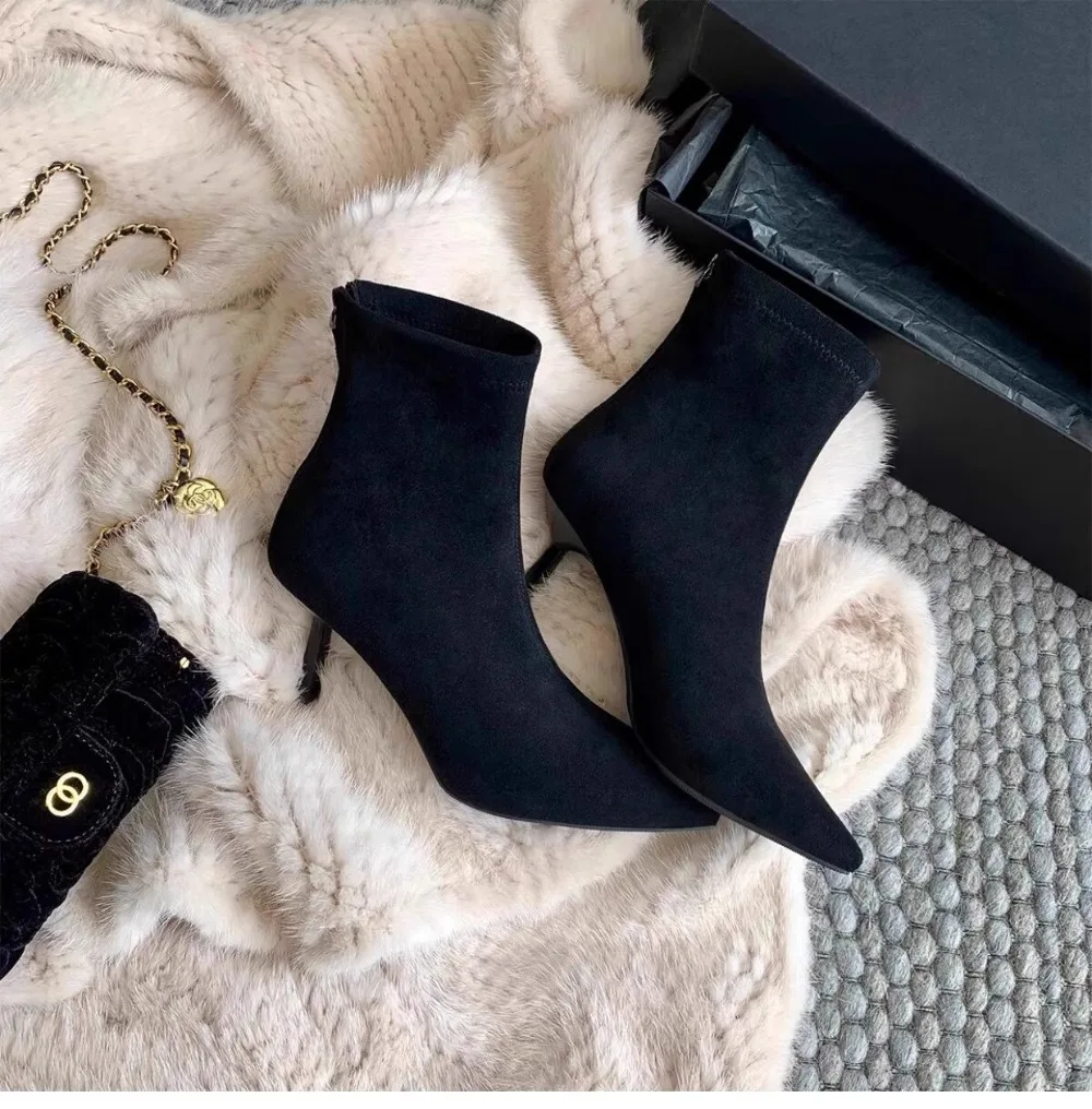 

New Women's Short Boots Small Heel High Heels Winter Fleece Lined Pointed Toe Elastic Boot French Style Slim Boot