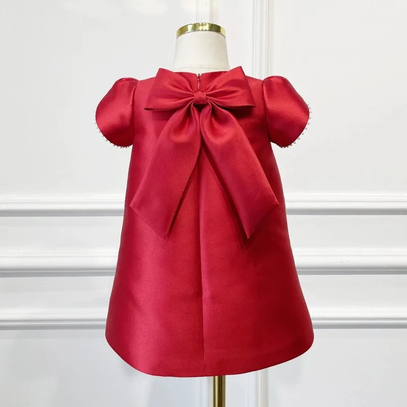 Baby Girl Princess Pearl Beading Silk Dress Short Sleeve Infant Toddler Vintage Big Bow Vestido Party Birthday Baby Clothes 1-7Y