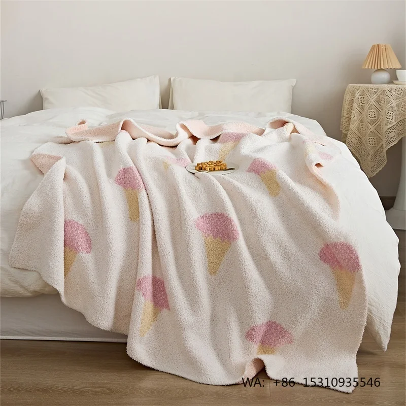 Accept Custom 100% Polyester Pink Cartoon Ice Cream Jacquard  Knitted Throw Blanket for  Children Gift  and Home Decoration  BJL