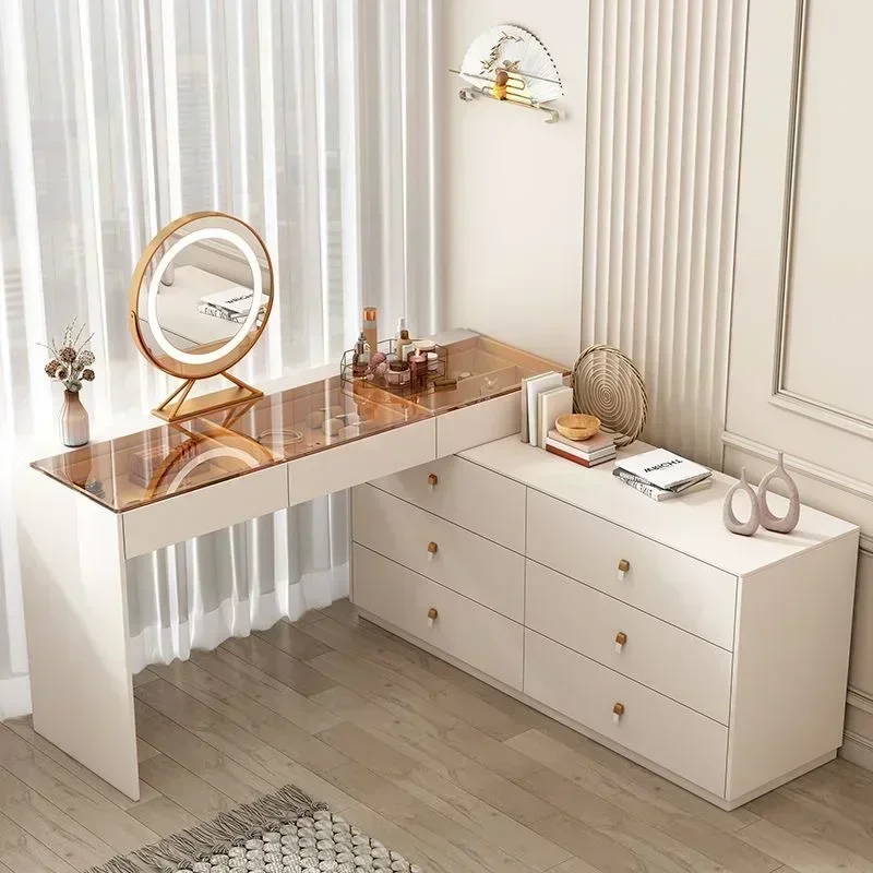 Meja Rias Modern dengan Cermin Menyala LED, Meja Rias Sudut Mewah 6 Laci, dan Rak Meja Rias Penyimpanan Besar
