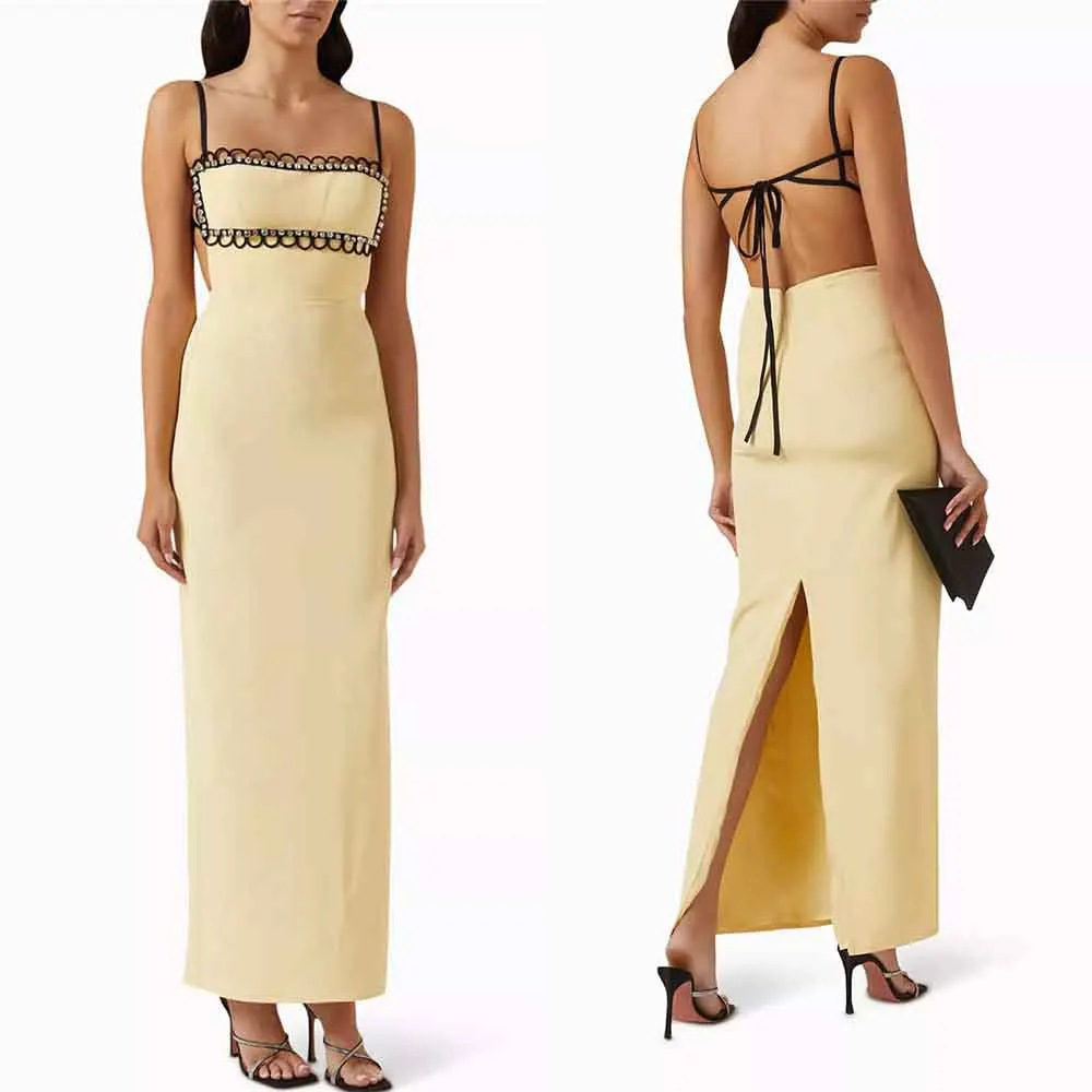 

High Quality Customized Ankle Length Backless Sleeveless High Fork Thin Suspenders Straight Evening Dress Elegant for Wedding