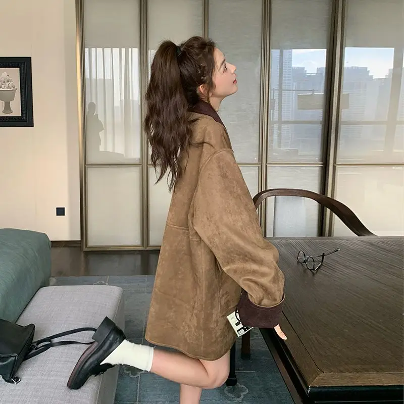Blouse Coat Trench Coat Women's Spring/Fall Coffee Brown Melange Suede Loose Fit New Arrival Comfortable Minimalist Casual Niche
