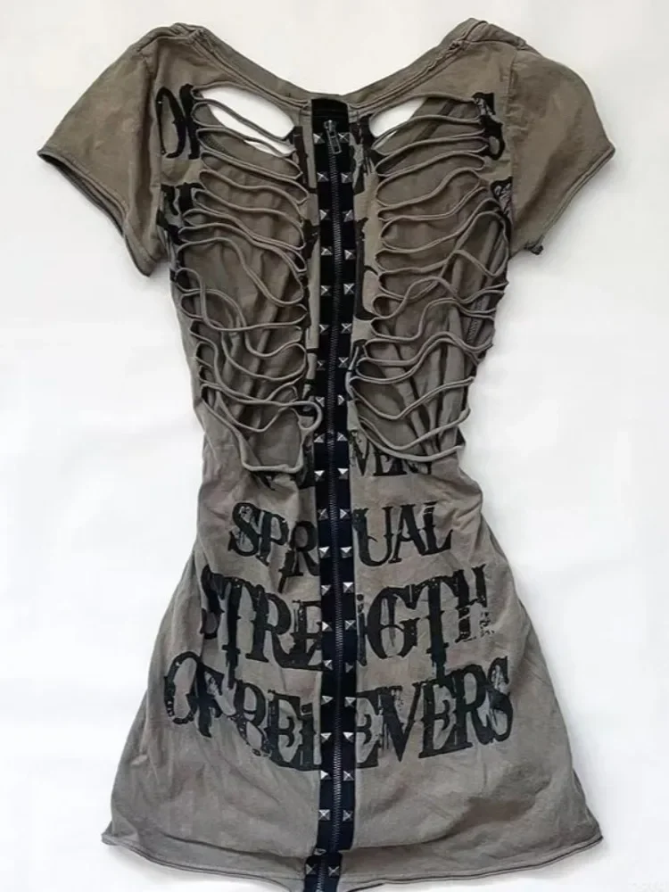 レディース レトロ ホローアウト デザイン クロップド丈 Tシャツ パンク スリム 半袖 ゴシック系 原宿 ジッパー トップス 夏 Y2K 新作