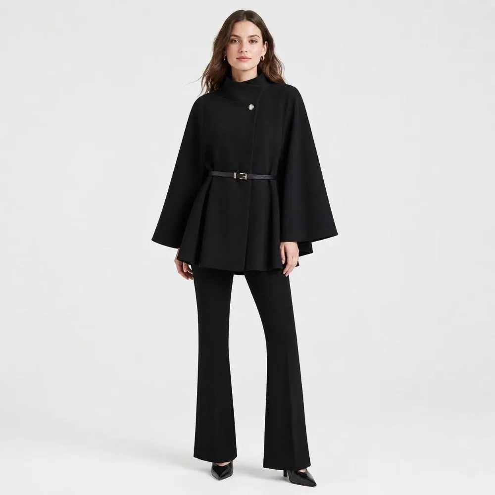 Solid Color Short Cape Coat Fitted Waist Belted Design Elegant Cloak Jacket Loose Fit Thick Warm Batwing Sleeve Coat for Women