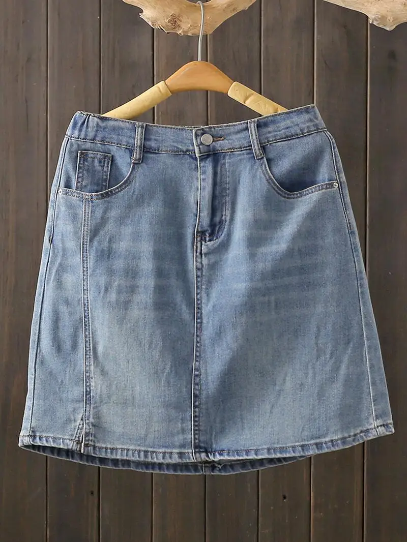 

Summer High Waist plus Size Denim Skirt Fashion Casual American Retro Style Pocket Design Cotton Blend A-Line Skirt