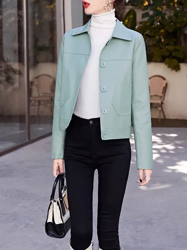 عارضة السائق الجلود Jaet حجم صغير ربيع الخريف منفذ العلامة التجارية المرأة فضفاضة تناسب بو الجلود طويلة Sve زر مزين