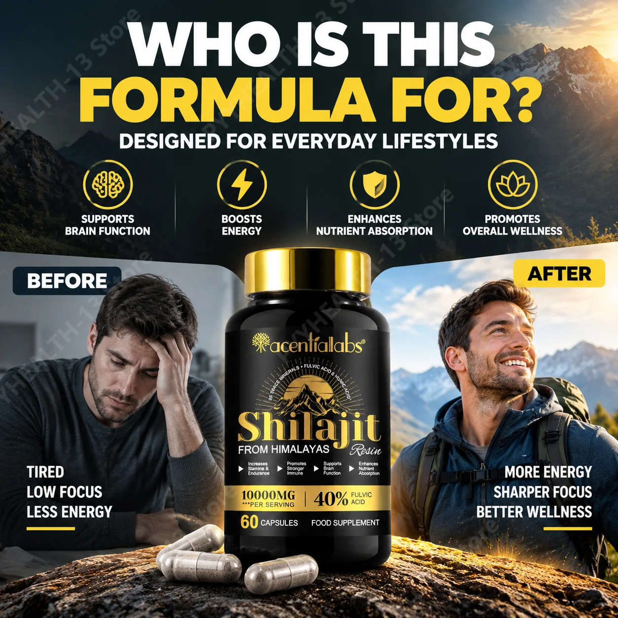 Shilajit Capsules Support Brain Function Health Enhance Nutrient Absorption Supplement Energy Humic Acid Fulvic Acid 60 30 Days