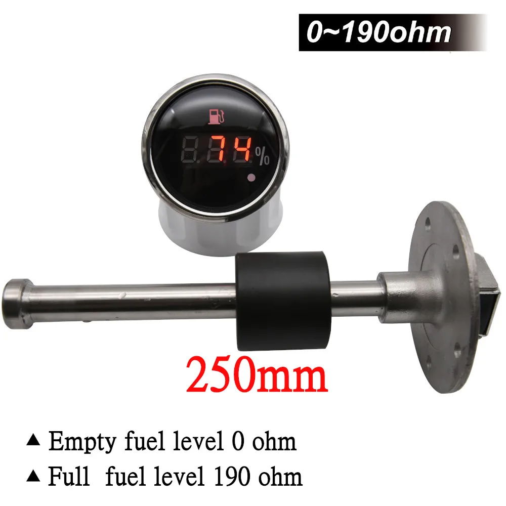 Boot Auto Tankanzeige Mit Alarm Licht + Fuel Level Sensor 125mm 175mm 225mm 275mm 375mm 0 ~ 190ohm 52mm Digital Manometer für RV
