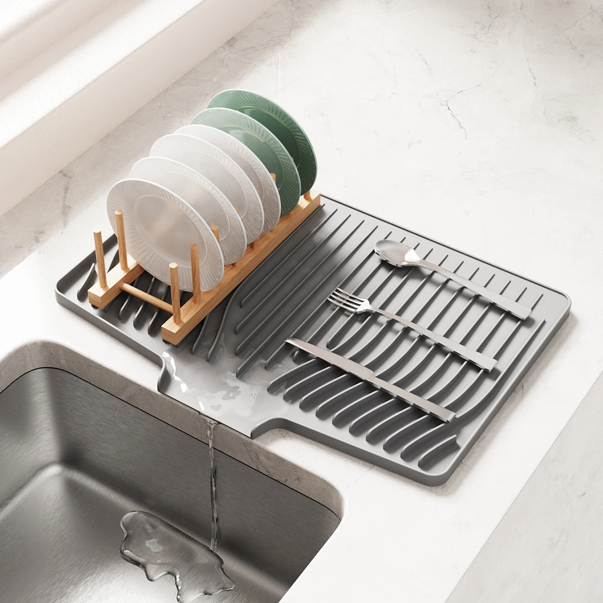 Sloped Silicone Dish Drying Mat With Drain Spout, Heat Resistant Kitchen Counter Drainage Tray, Dish Utensil Drain Pad