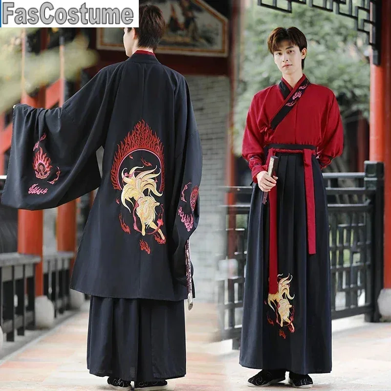 FasCostumePlus Size 5XL Hanfu chino antiguo hombres disfraz de Halloween Cosplay vestido de fiesta Hanfu traje negro y rojo para hombres