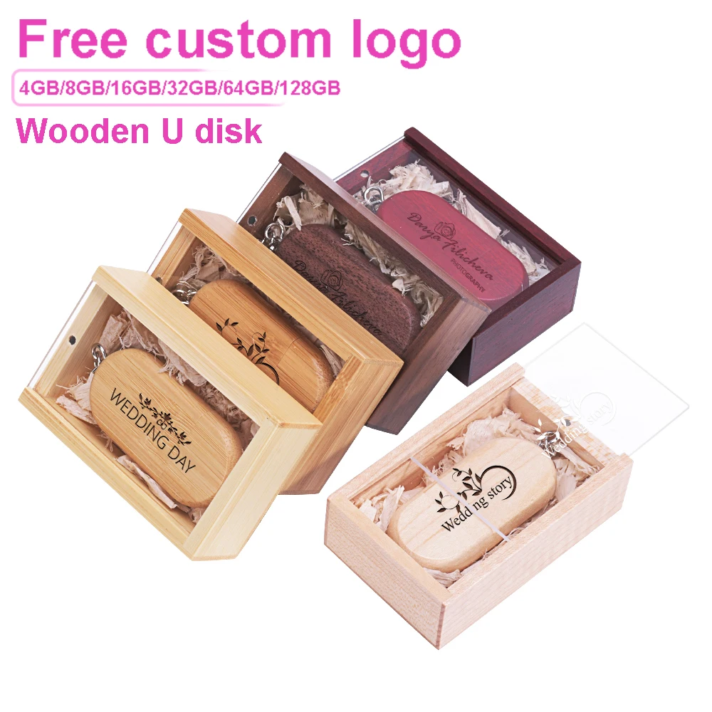 Photography Studio Wooden USB Flash Drive 128GB Push-Pull Box & Memory Stick 64GB Free Custom Logo Pen Drive 32GB Wedding Gift