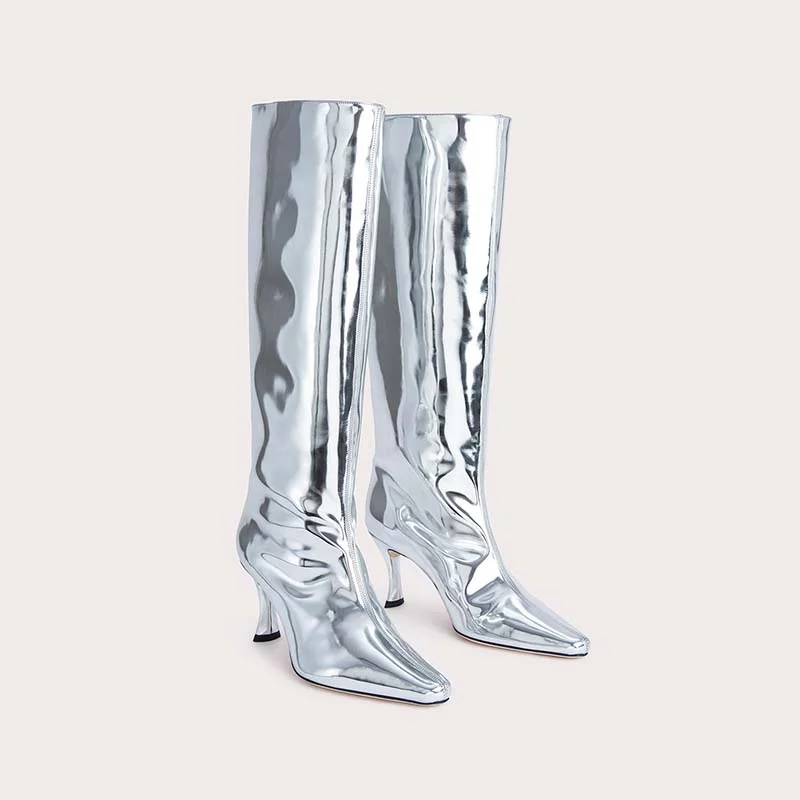 2023 Silver Leather Knee Length Boots 35-43 Fashion Pointed 7.5cm Thin Heel Paris Night Activity Boots Sexy Role Playing Boots