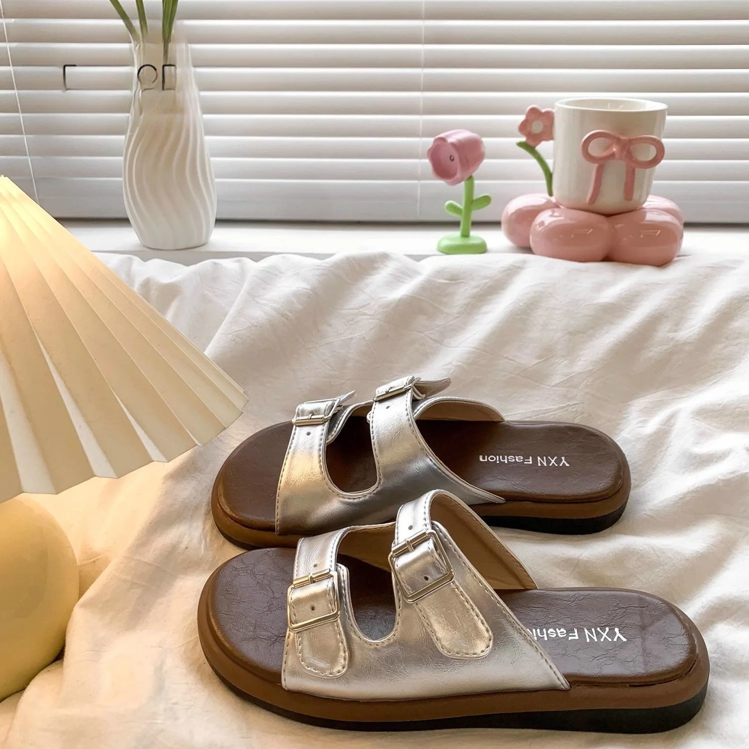 

Double Belt Slippers Women's Sandals 2023 Summer Thi Heel Platform Slip-On Beach Oes Korean Sle PU Leather