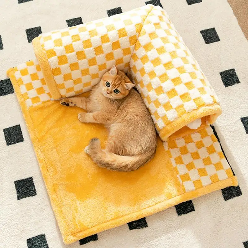 Cat Tube Bed Checkered Tunnel Bed With Fluffy Warm Winter Cat Dog House Deep Sleep Pet Nest Fun Comfort Autumn Warm Tunnel Mat