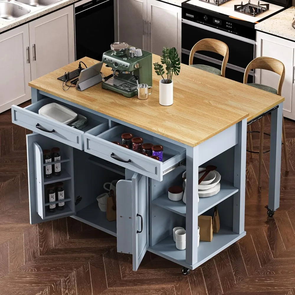 Rolling Kitchen Island on Wheels with Extendable Dining Table & Power Outlet, Wood Kitchen Cart on Wheels with Internal St