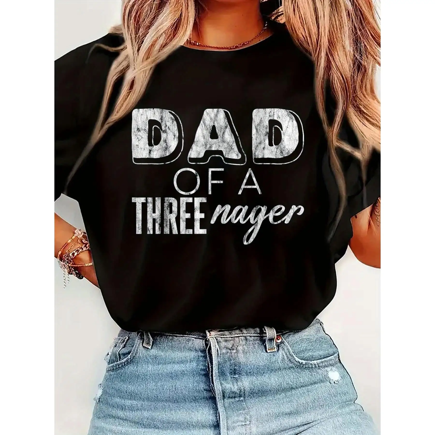 

Women's "Dad of a Threenager" Graphic T-Shirt - Humorous Parenting Tee with Distressed Print, Relaxed Fit Crew Neck Short Sleeve