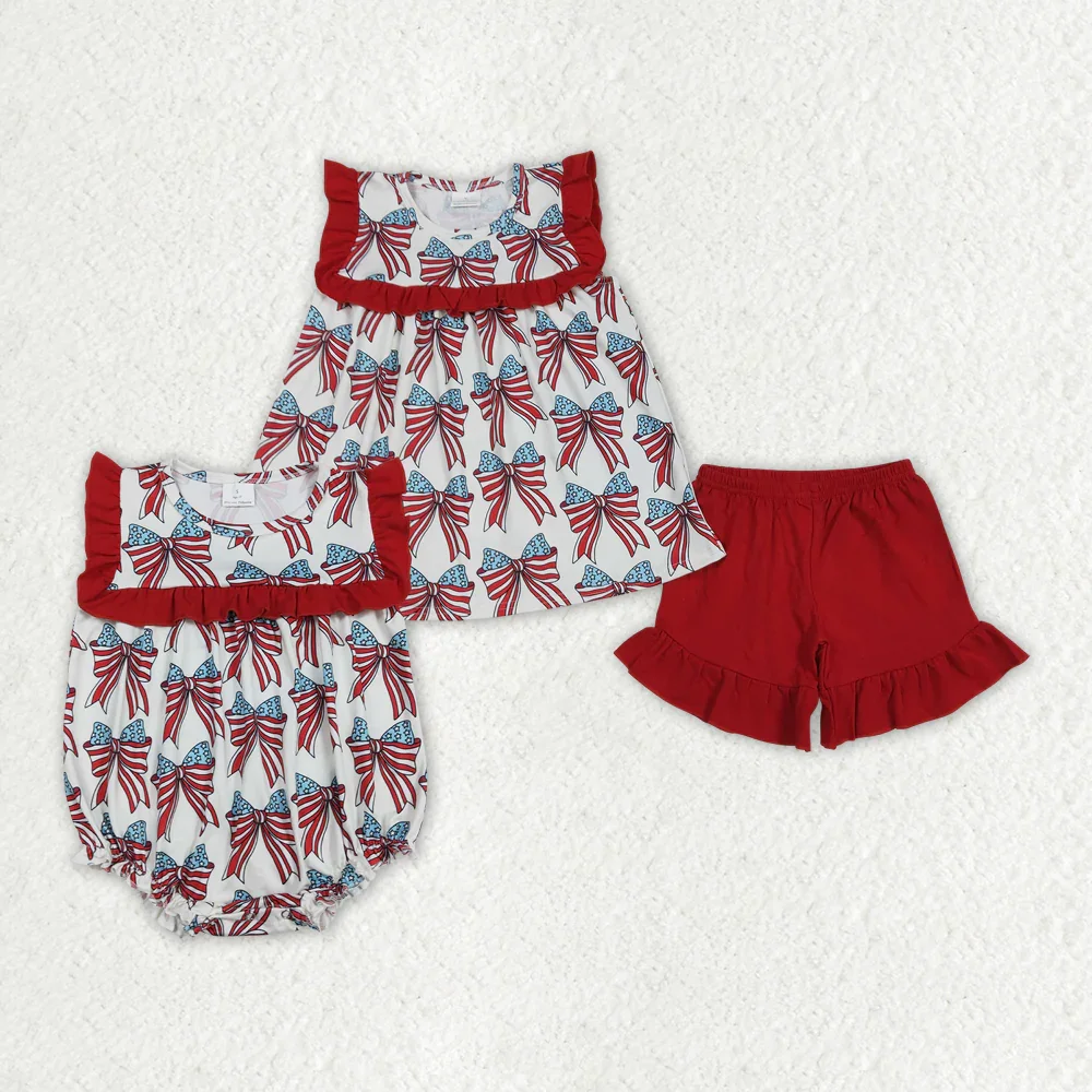 

GT0949+SS0269 Wholesale Summer girls dresses National Day bow pattern red short sleeve shorts sets Boutique kid clothes girl