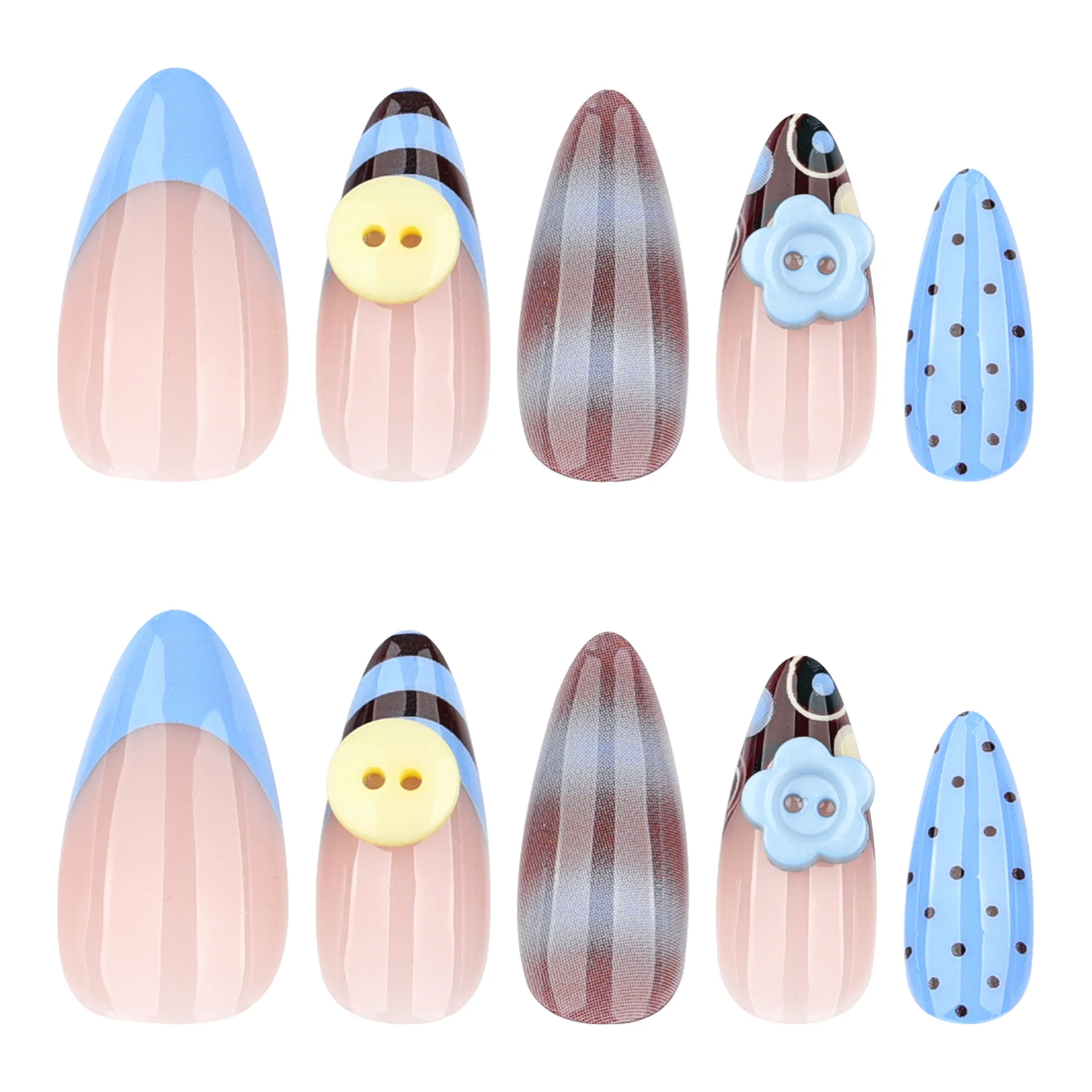 24pcs Cute button design Fake nails Korean Style Blue French Amond False Nail Tips Wearable Reusable Press on Nails for Girls