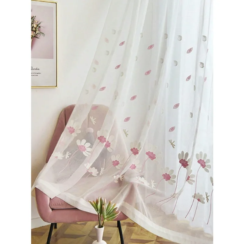 Korean Gentle Style Daisy Embroidery Falling Petals Dragonfly Embroidery Gauze Curtains Living Room Bedroom Balcony Curtains