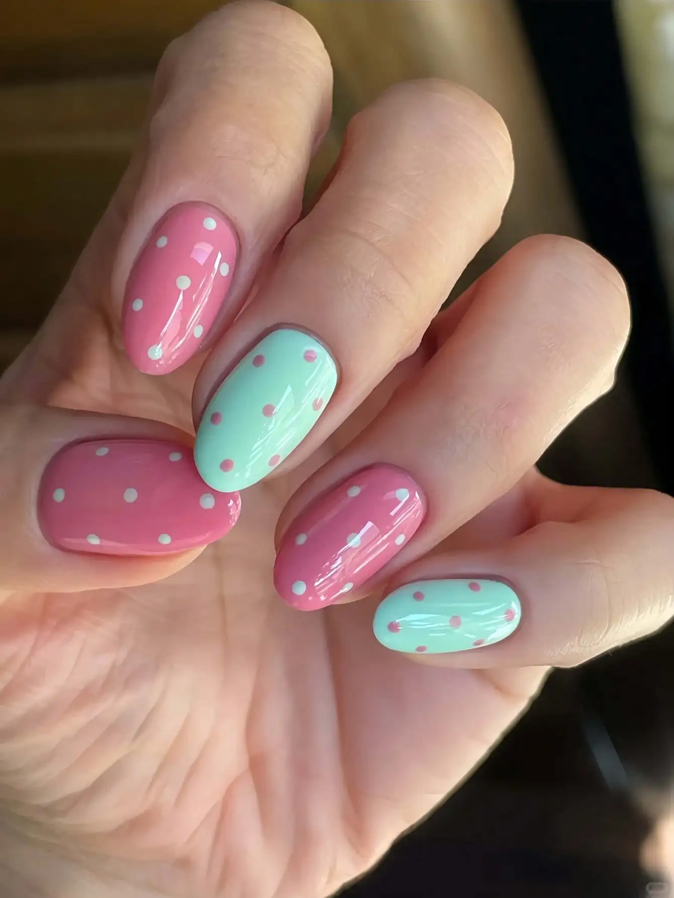 10 Pieces of Short Oval-Shaped Press-On Nails, Medium Length, in Pink and Mint Color Scheme with Hand-Painted Polka Dot Patterns, Fresh Korean Style, Perfect for Girls, Summer Outings, and Everyday Energetic Looks, Comes with Jelly Glue and Nail File