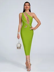 Senza maniche Backless Diamond One Shoulder Diamond Midi Bandage Bodycon Celebrity Nightclub Party abiti da donna Vestidos