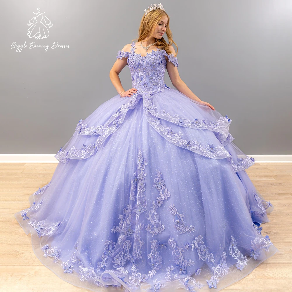 

Giggle Lilac Off-Shoulder Tulle Quinceanera Dress 3D Floral Applique Ball Gown Prom Dress Princess Sweet 15 Dresses Customized