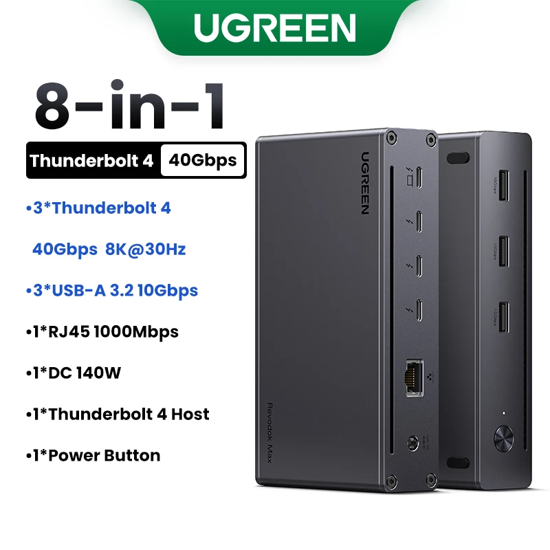 UGREEN 8-in-1 Docking Station 8K30Hz Thunderbolt 4 40Gbps Dock USB3.2 Gen2 10Gbps with EU Adapter forMacBook Laptops PC Revodok